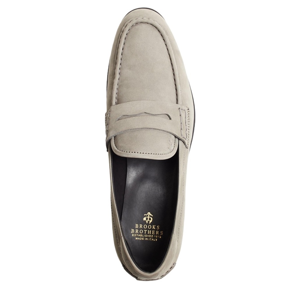 Brooks Brothers 1818 Grey Suede Italian Crafted Penny Moccasin Shoes Size 7 1/2
